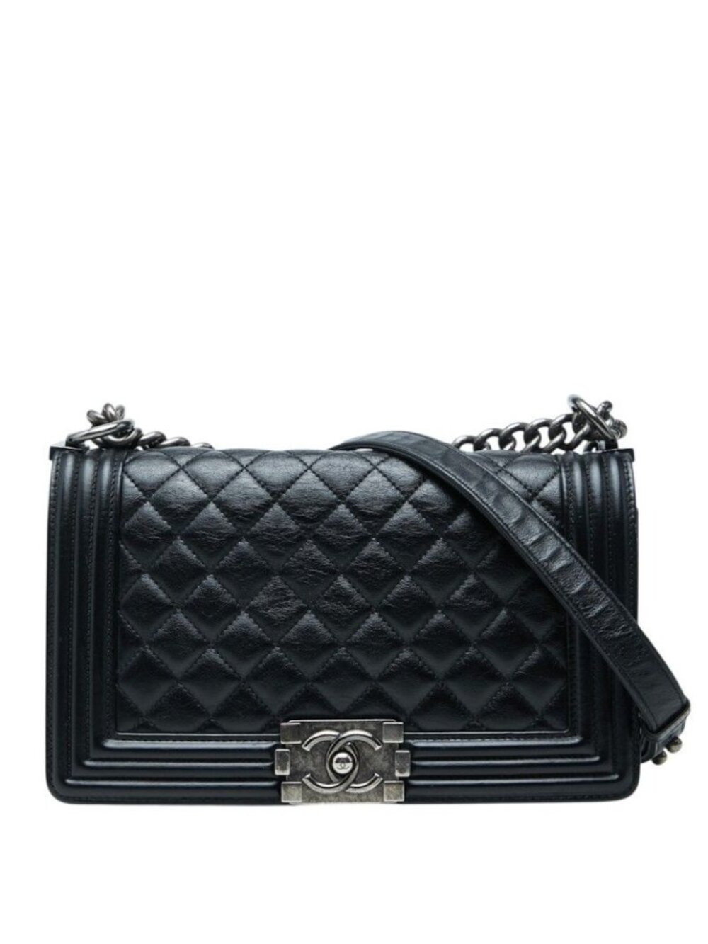 Chanel CC Logo Quilted Boy 25 Crossbody Chain Shoulder Bag Black Lambskin